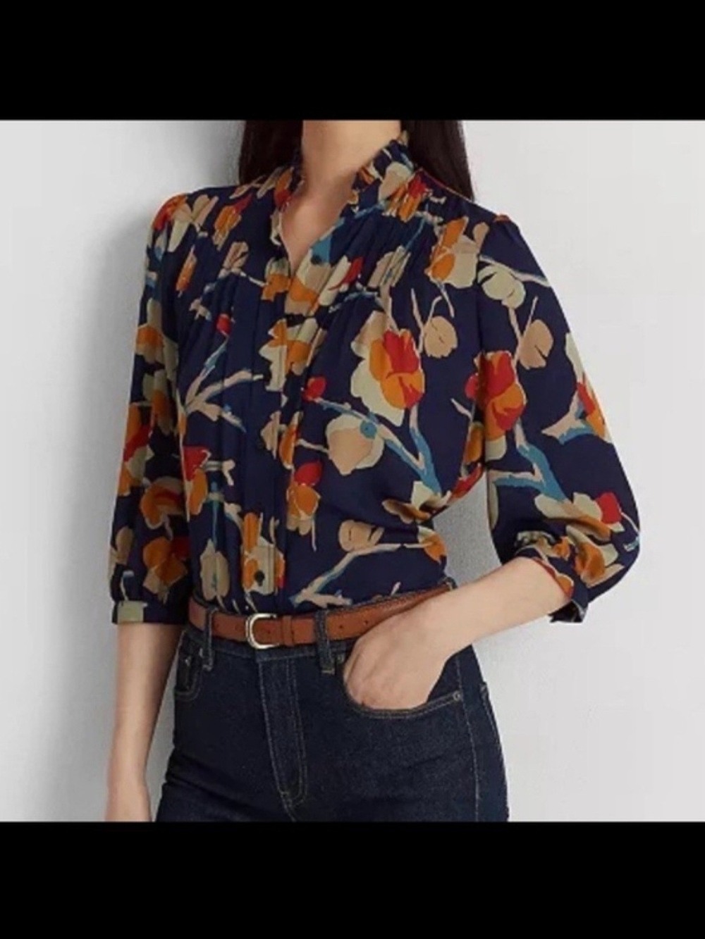 Women's Navy Floral Button-Up Blouse